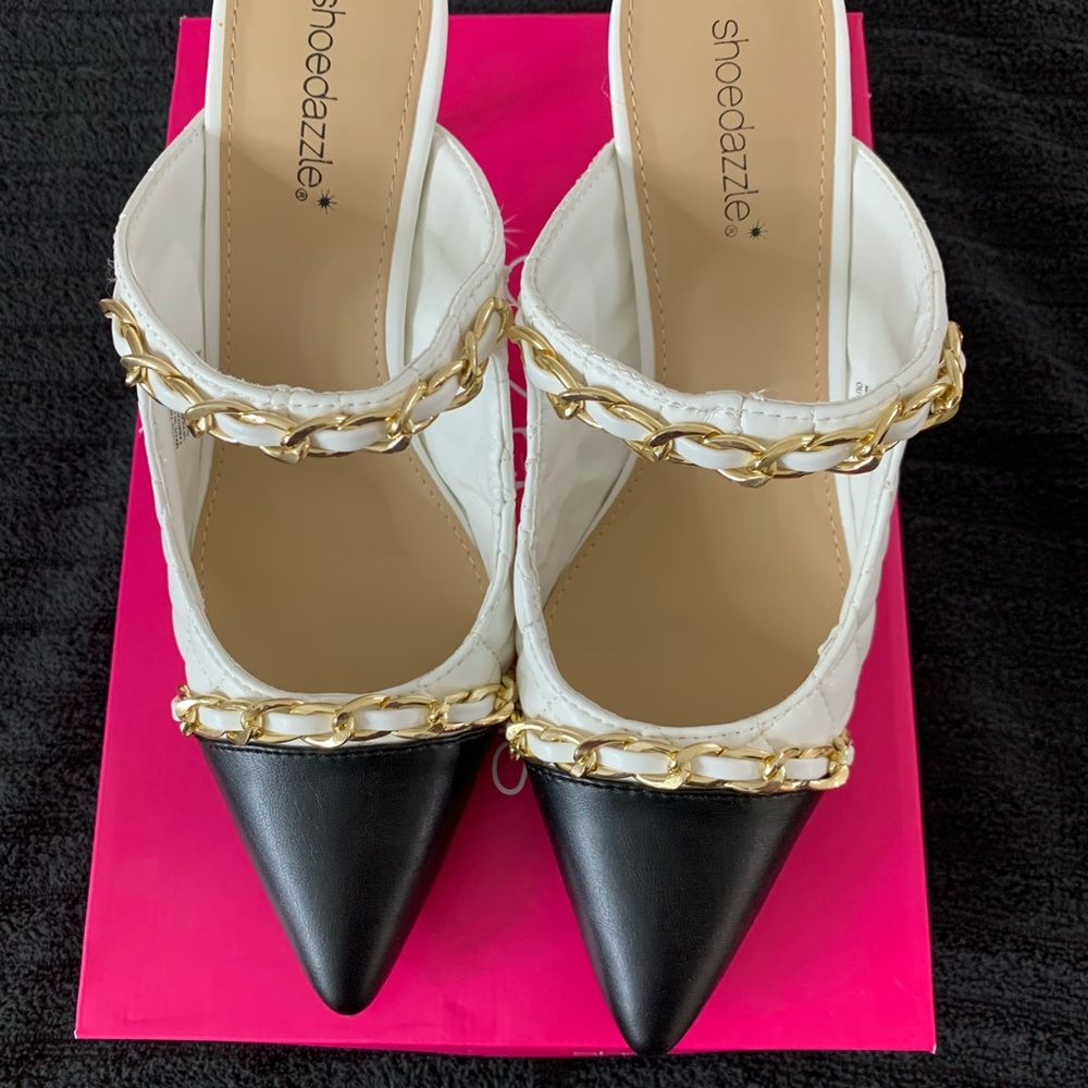 Shoe Dazzle Black and White Heels with Ankle Straps